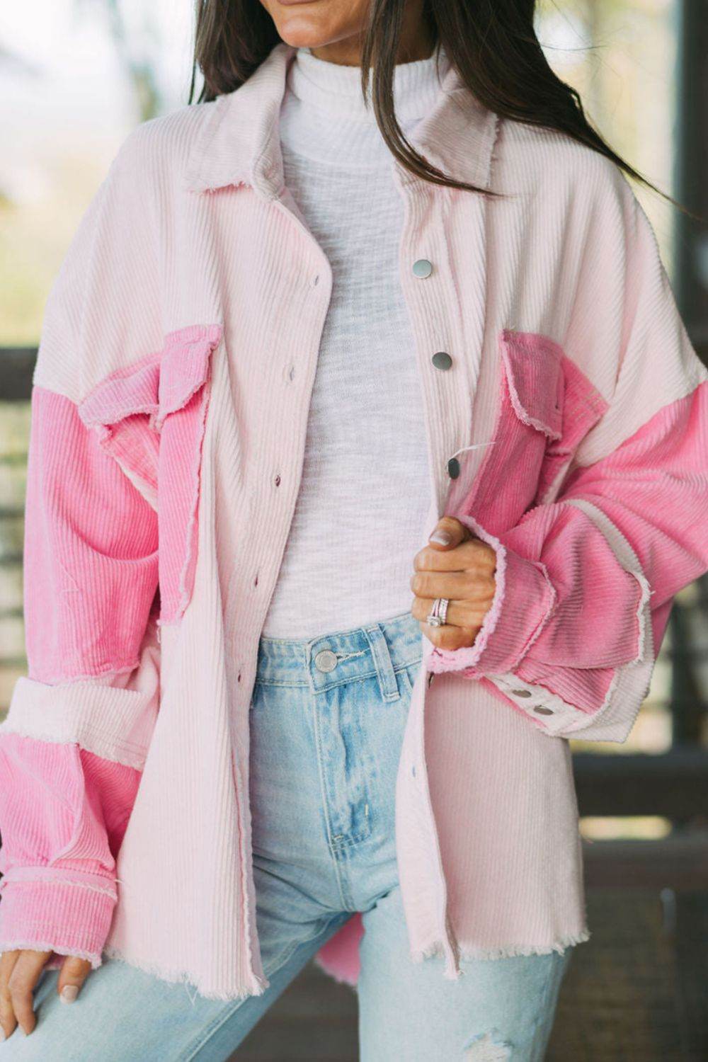 Two-tone Color Exposed Seam Corduroy Shacket Blush Pink for a perfect OOTD – dress to impress outfits from Amexza