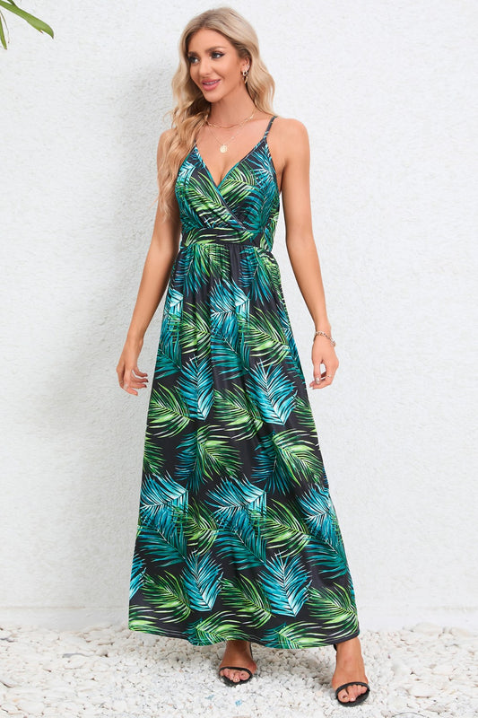 Printed Surplice Maxi Cami Dress - Turquoise / S