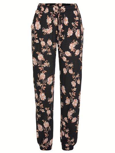 Drawstring Flower Pants with Pockets - Amexza