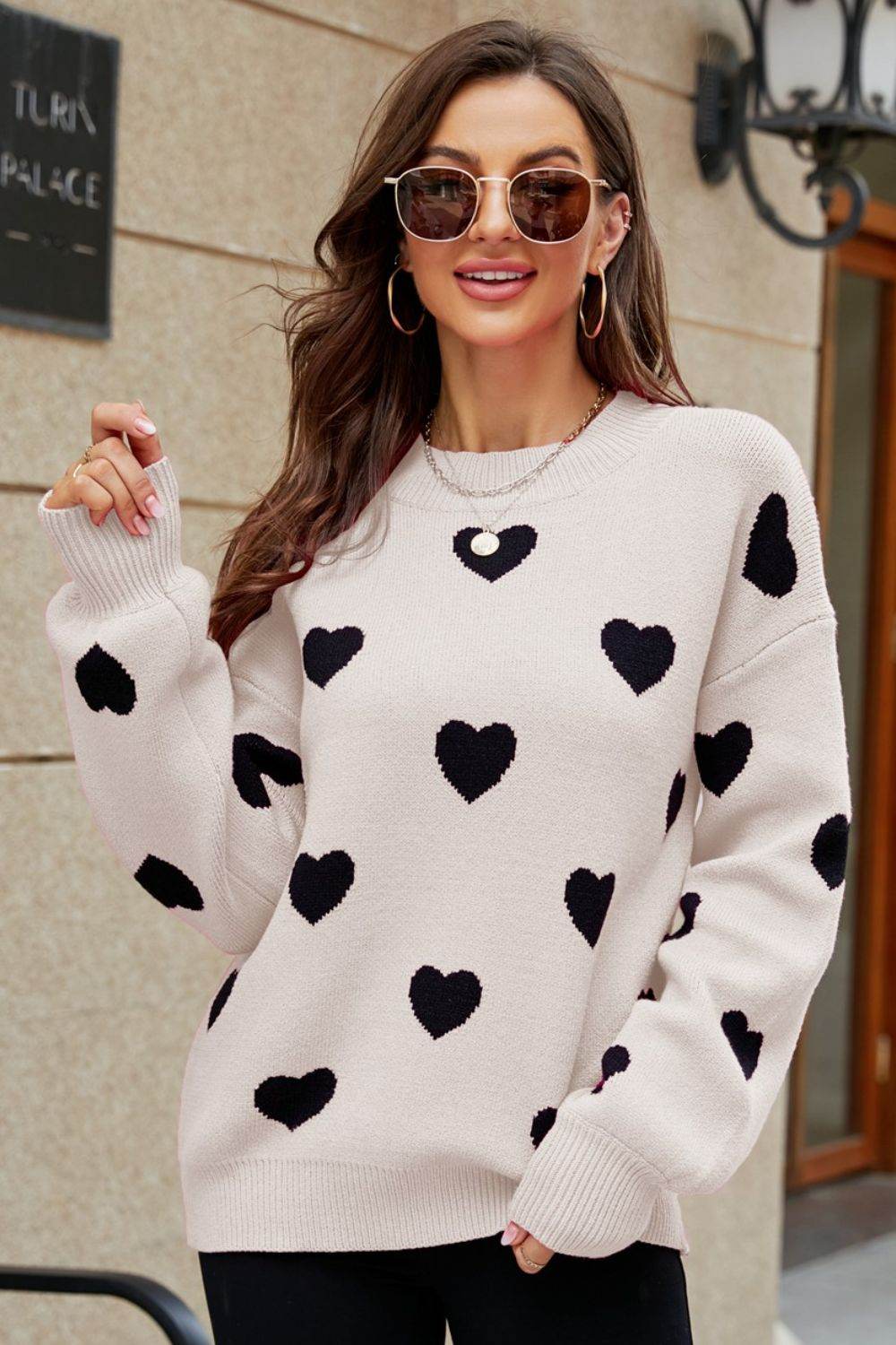 Woven Right Heart Pattern Lantern Sleeve Round Neck Tunic Sweater Beige Black for a perfect OOTD – dress to impress outfits from Amexza