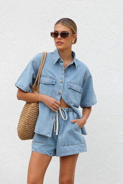 Collared Neck Button Up Top and Shorts Denim Set Light for a perfect OOTD – dress to impress outfits from Amexza