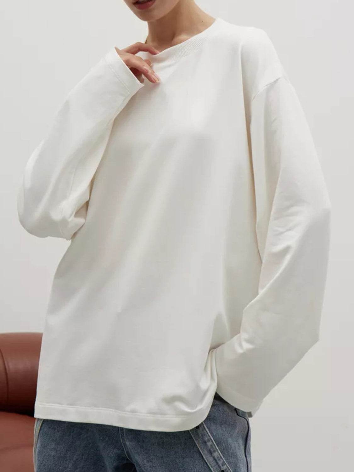 Round Neck Dropped Shoulder Long Sleeve T-Shirt White for a perfect OOTD – dress to impress outfits from Amexza