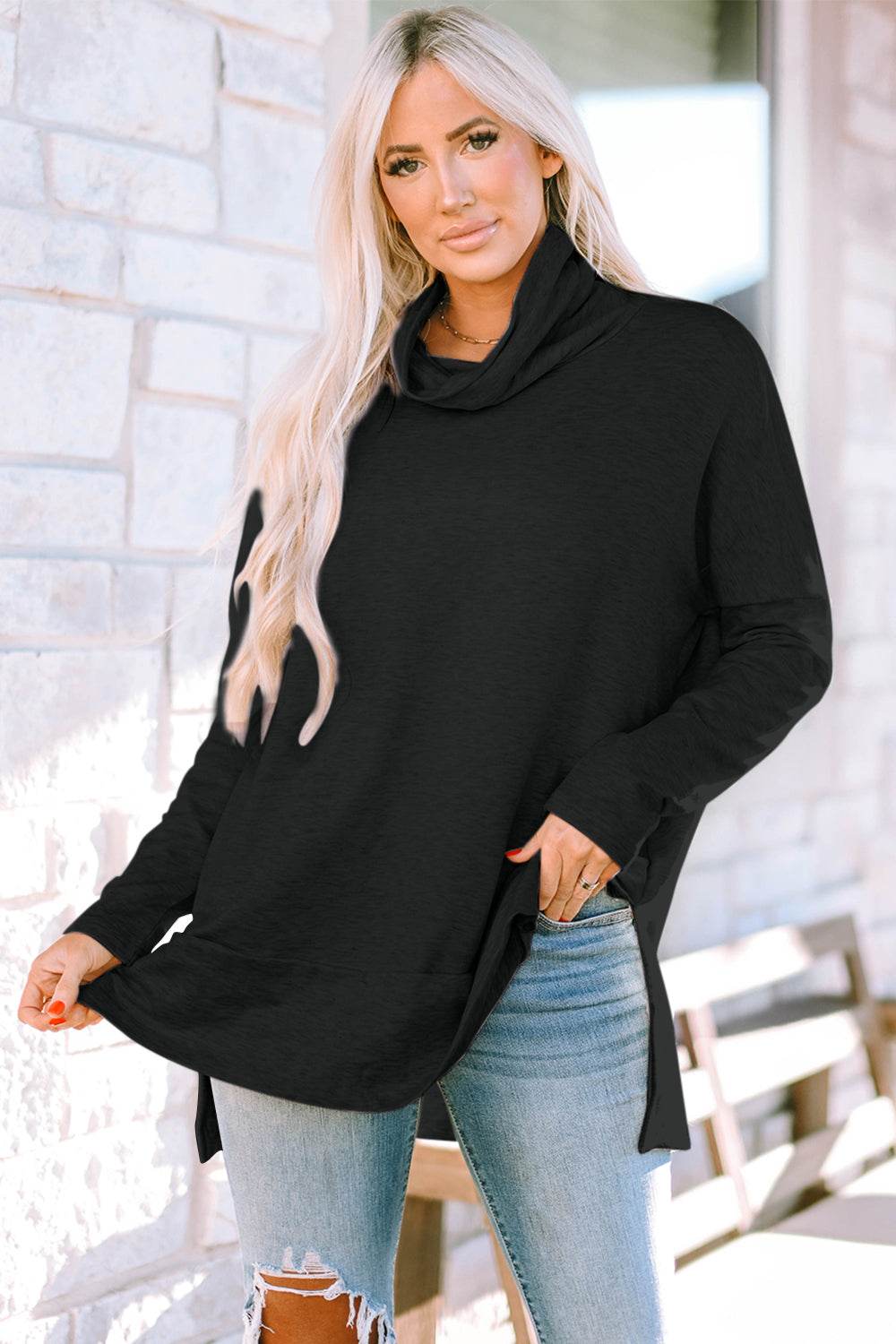 Cowl Neck Long Sleeve Slit Blouse Black for a perfect OOTD – dress to impress outfits from Amexza