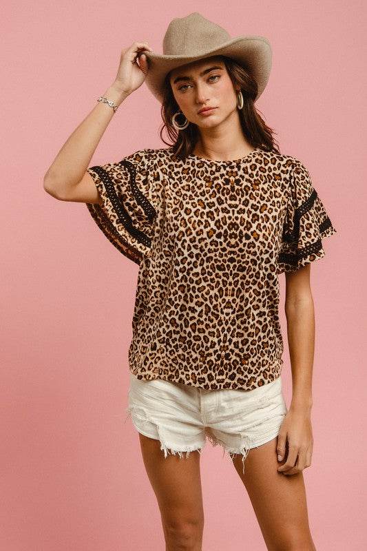 BiBi Leopard Crochet Trim Round Neck Short Sleeve Top for a perfect OOTD – dress to impress outfits from Amexza