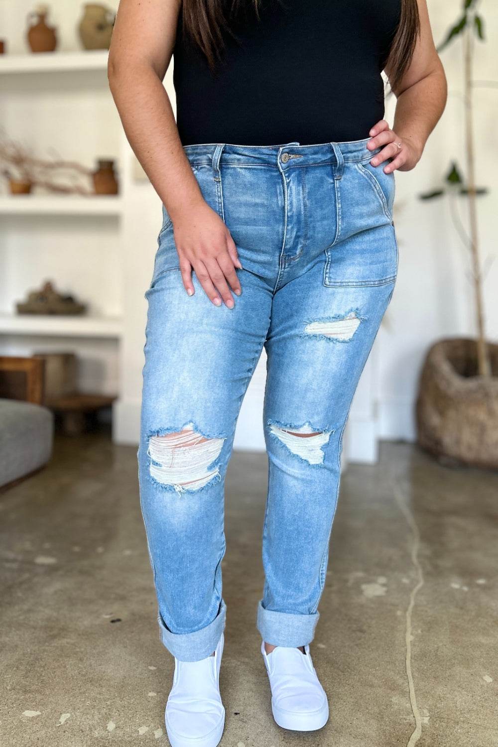 Judy Blue Full Size Distressed Straight Jeans with Patch Pockets for a perfect OOTD – dress to impress outfits from Amexza