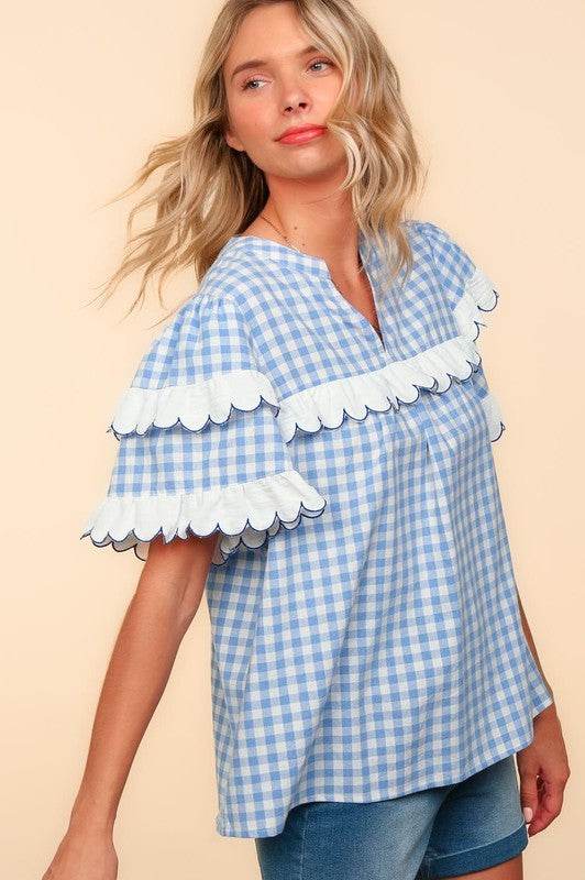 Haptics Full Size Plaid Scallop Hem Notched Short Sleeve Blouse for a perfect OOTD – dress to impress outfits from Amexza