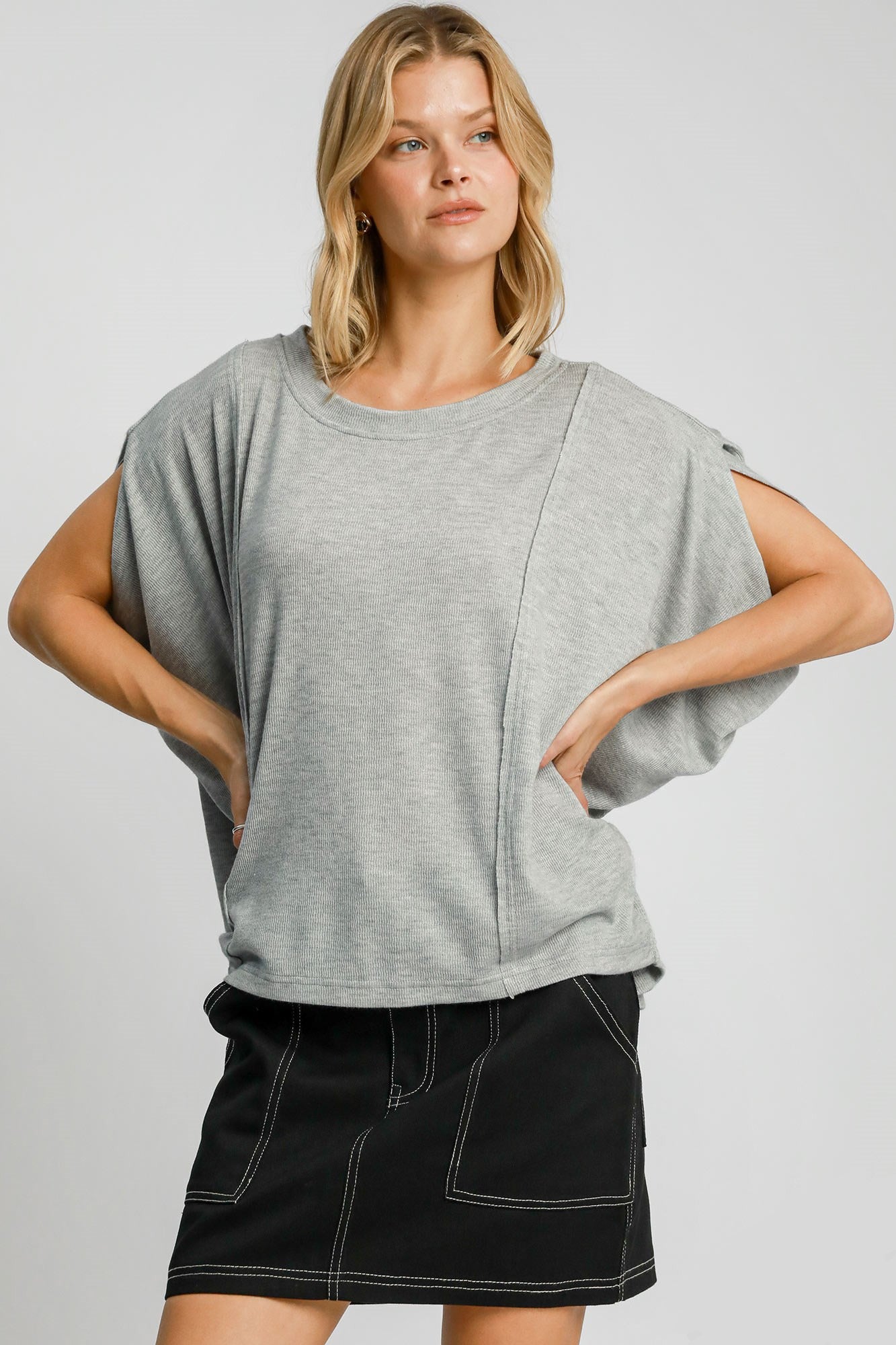 Umgee Exposed Seam Round Neck Batwing Sleeve Knit Top Gray for a perfect OOTD – dress to impress outfits from Amexza