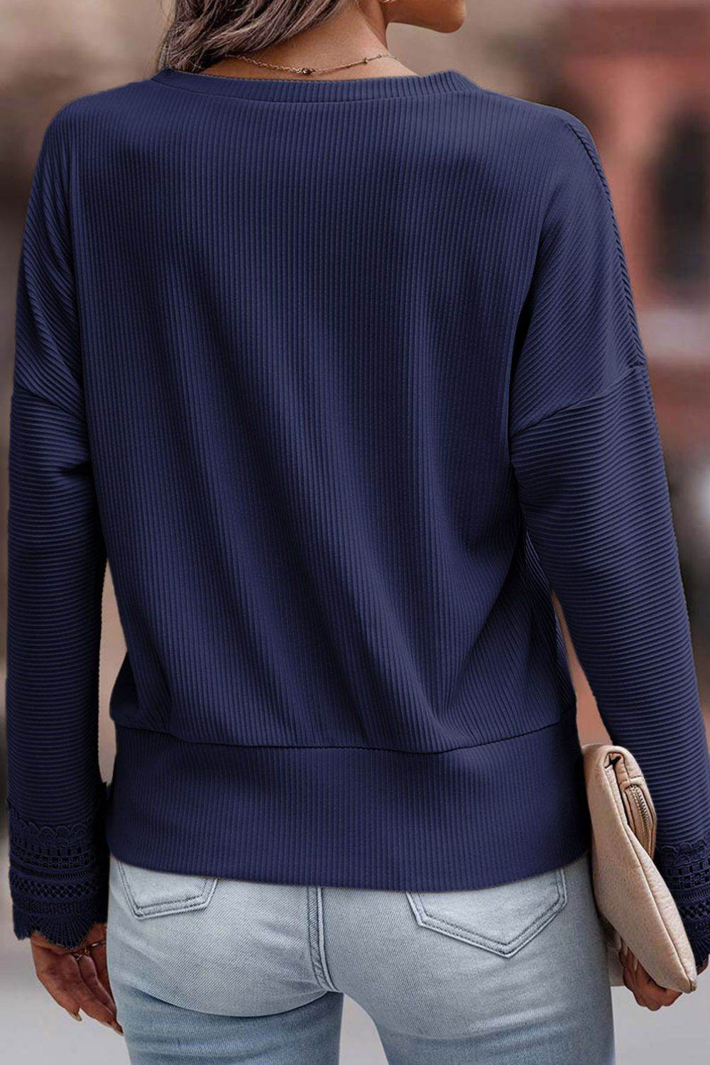 Lace Detail V-Neck Long Sleeve T-Shirt - Amexza