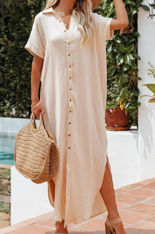 Slit Button Up Shirt Dress - Tan / L