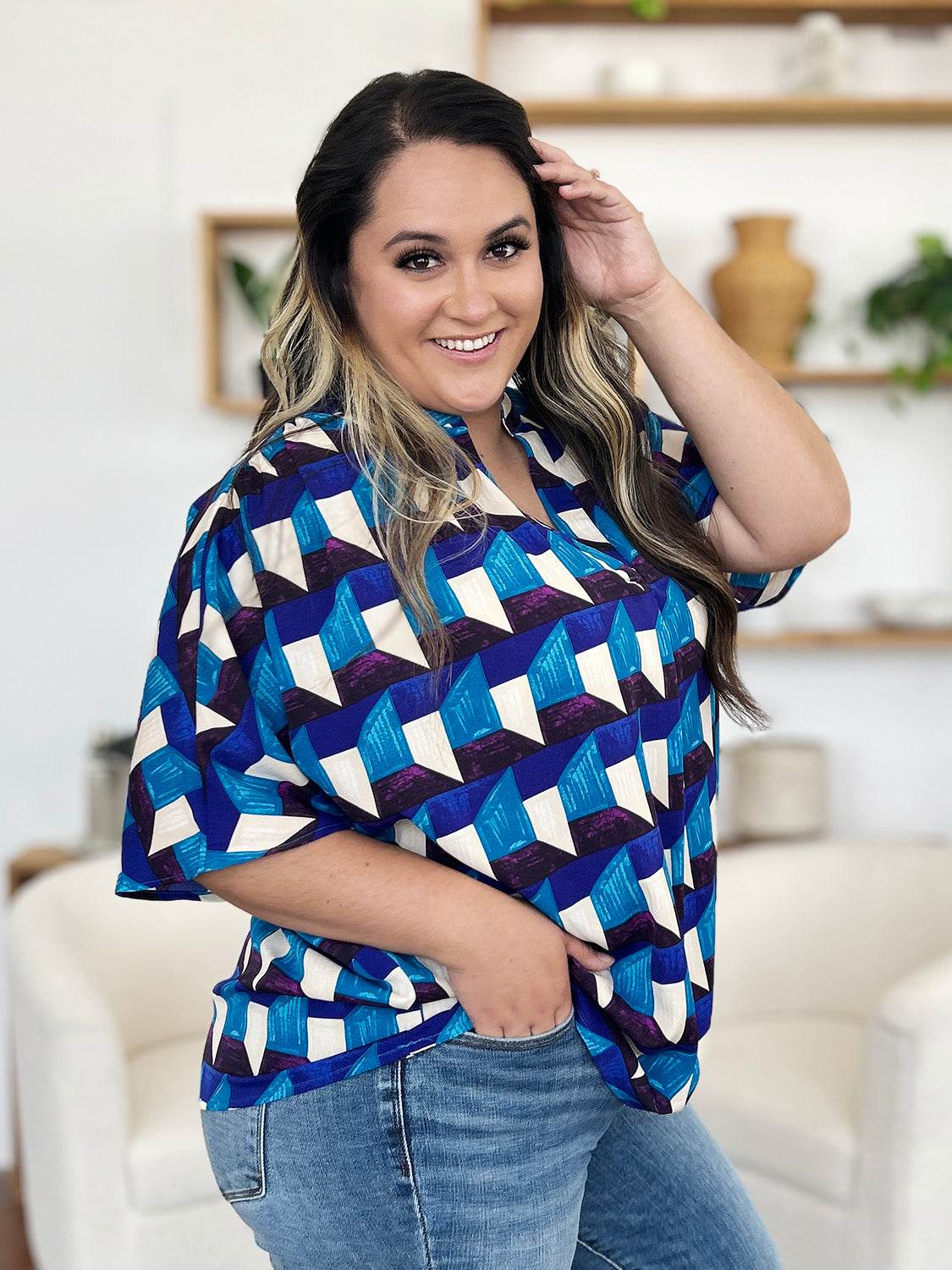 Double Take Full Size Geometric Notched Half Sleeve Blouse for a perfect OOTD – dress to impress outfits from Amexza