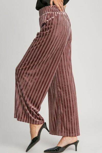 Umgee Full Size Elastic Waist Striped Wide Leg Velvet Pants for a perfect OOTD – dress to impress outfits from Amexza