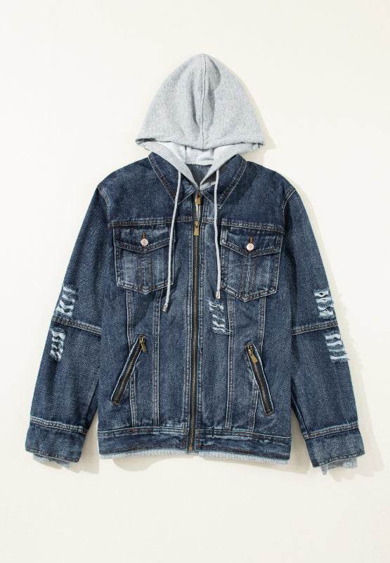 Fake Two-Piece Hooded Zip-Up Denim Jacket for a perfect OOTD – dress to impress outfits from Amexza