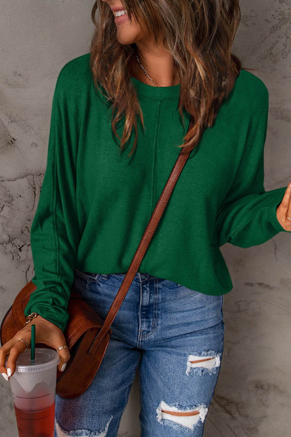 Double Take Full Size Round Neck Long Sleeve T-Shirt Green for a perfect OOTD – dress to impress outfits from Amexza