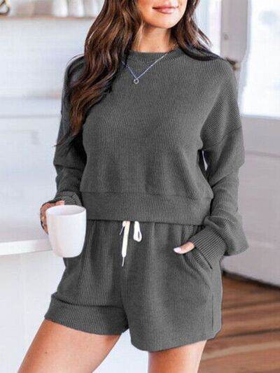 Ribbed Round Neck Long Sleeve Top and Shorts Set Dark Gray for a perfect OOTD – dress to impress outfits from Amexza