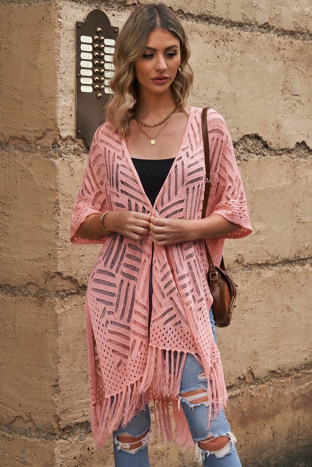 Openwork Open Front Cardigan with Fringes for a perfect OOTD – dress to impress outfits from Amexza