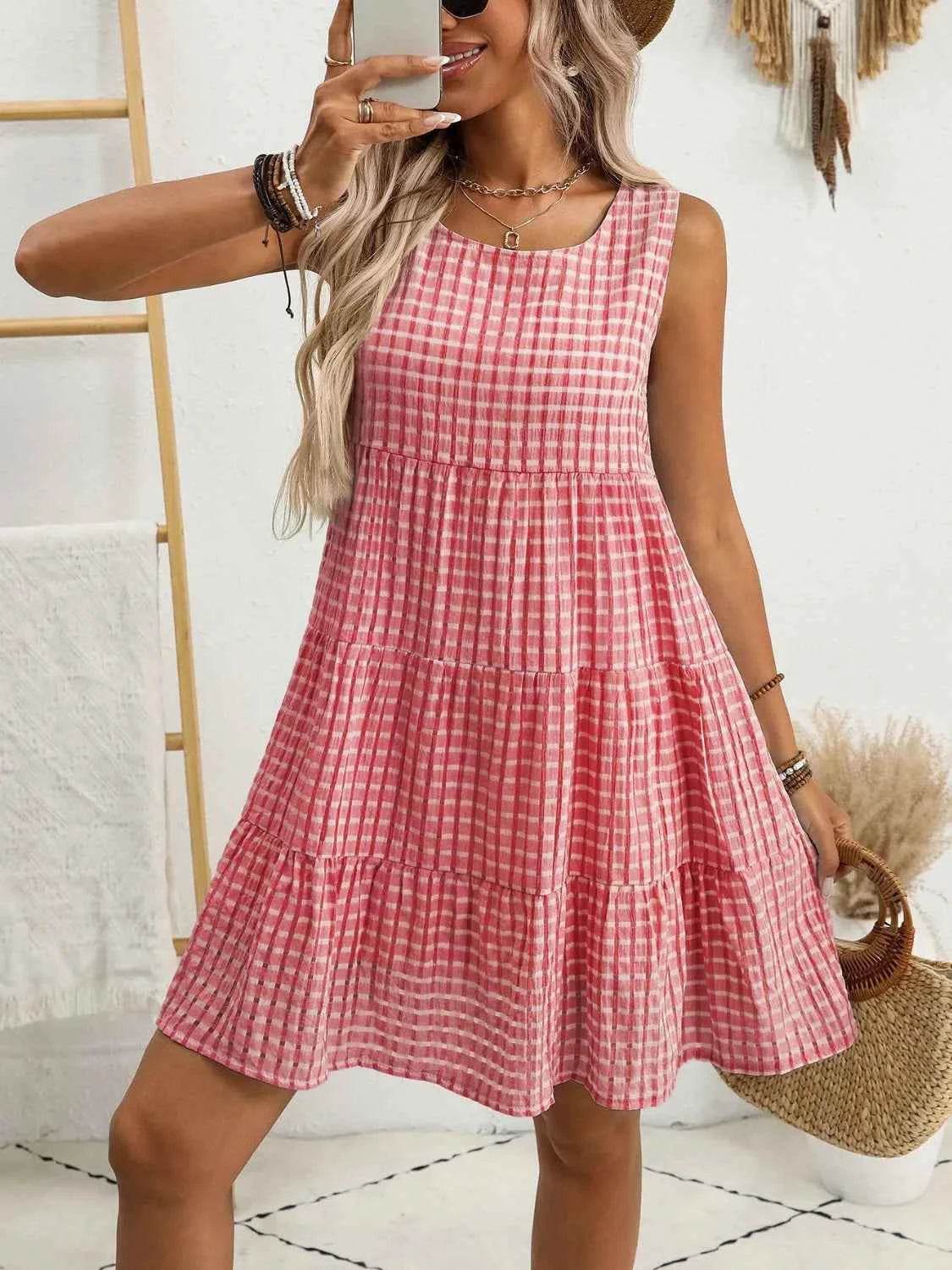 Plaid Round Neck Sleeveless Mini Dress Burnt Coral for a perfect OOTD – dress to impress outfits from Amexza