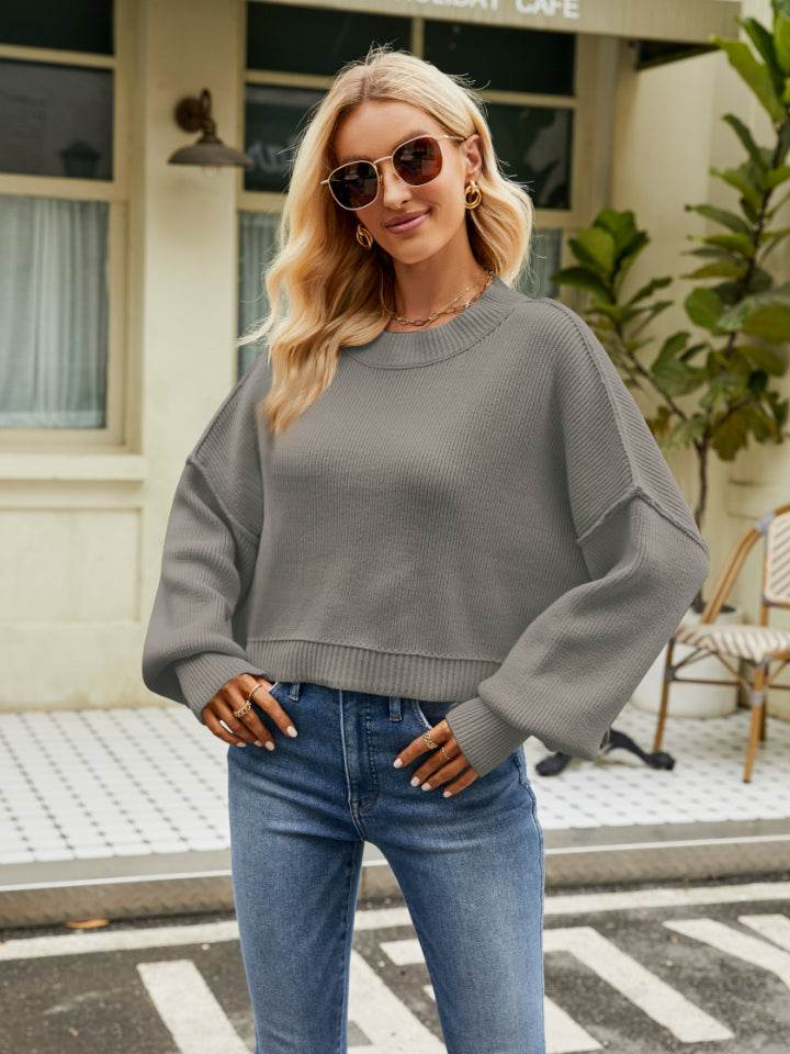 Round Neck Lantern Sleeve Sweater Charcoal for a perfect OOTD – dress to impress outfits from Amexza