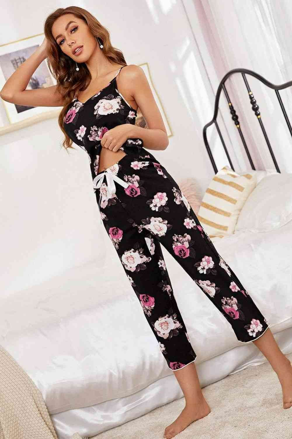 Floral V-Neck Cami and Cropped Pants Lounge Set for a perfect OOTD – dress to impress outfits from Amexza