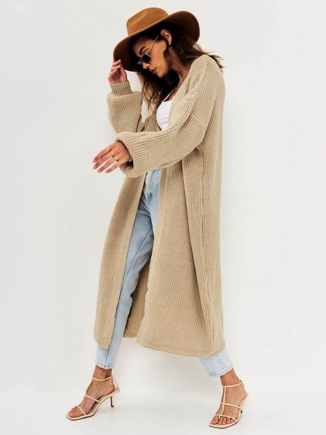 Open Front Long Sleeve Longline Cardigan - Amexza