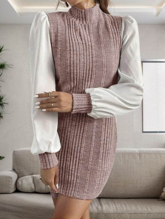 Ribbed Contrast Long Sleeve Sweater Dress - Amexza