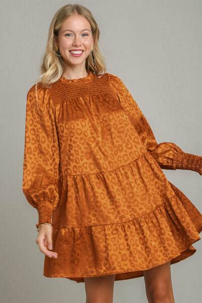 Umgee Smocked Leopard Long Sleeve Tiered Dress Copper for a perfect OOTD – dress to impress outfits from Amexza