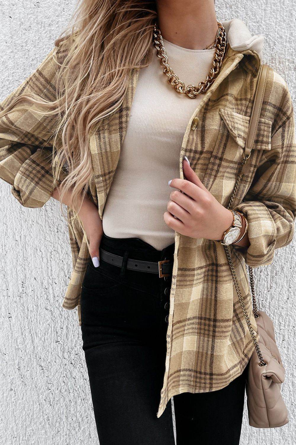 Plaid Button Up Long Sleeve Hooded Jacket Khaki for a perfect OOTD – dress to impress outfits from Amexza