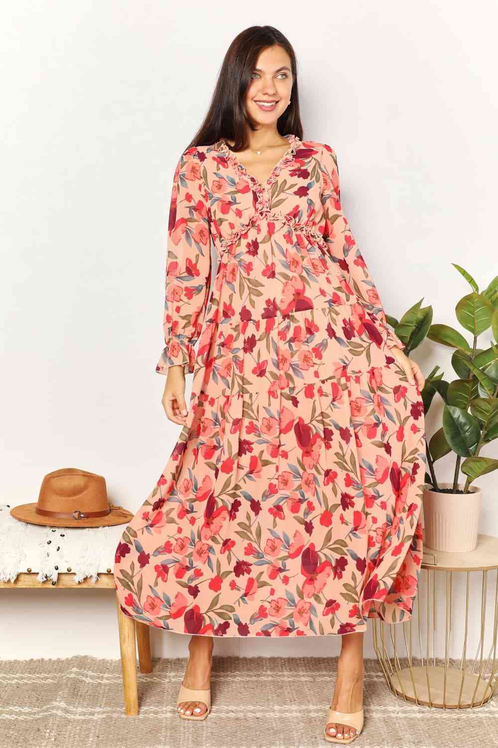 Double Take Floral Frill Trim Flounce Sleeve Plunge Maxi Dress Floral for a perfect OOTD – dress to impress outfits from Amexza