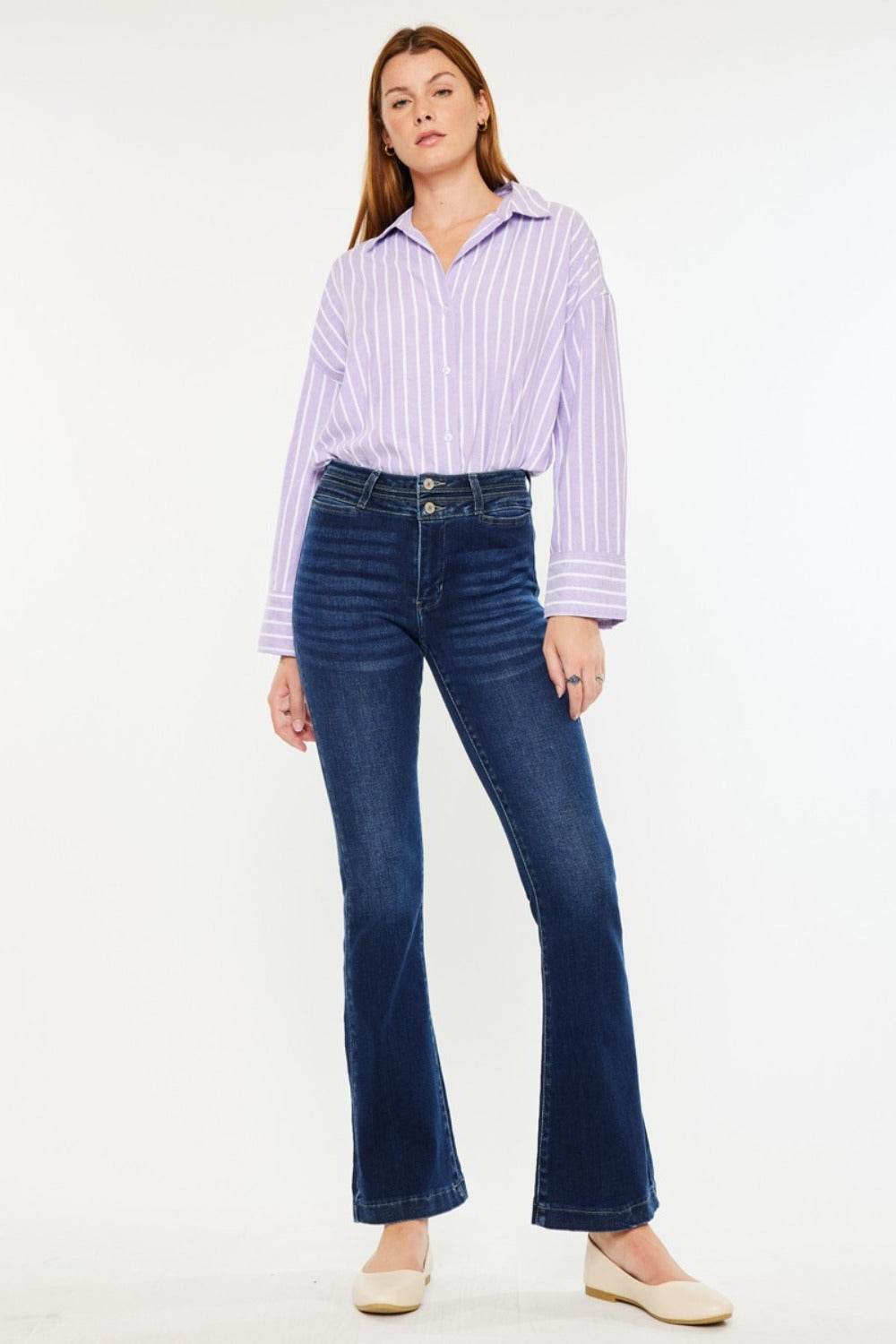High Rise Double Waistband Flare Jeans - Amexza