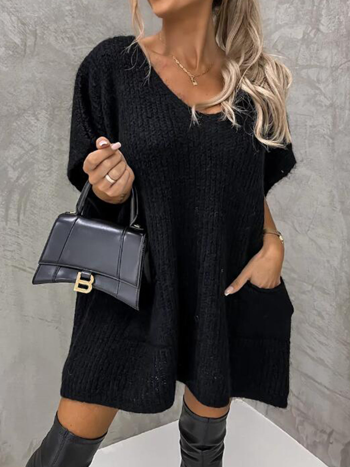 V-Neck Short Sleeve Sweater with Pockets for a perfect OOTD – dress to impress outfits from Amexza