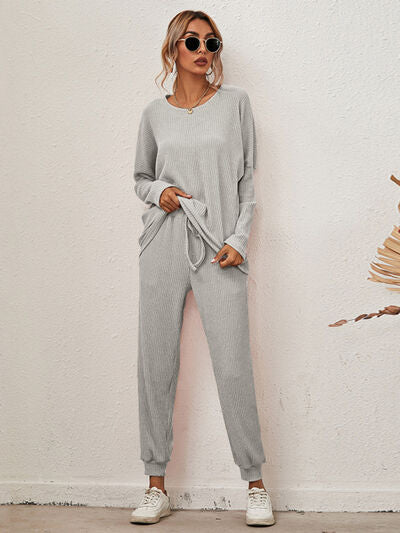 Full Size Round Neck Dropped Shoulder Top and Joggers Lounge Set for a perfect OOTD – dress to impress outfits from Amexza