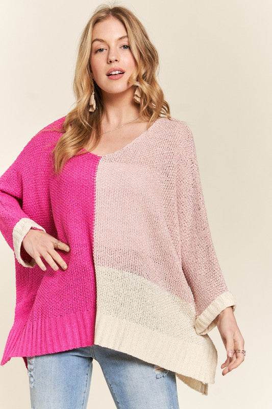 ADORA Side Slit Color Block Long Sleeve Sweater for a perfect OOTD – dress to impress outfits from Amexza