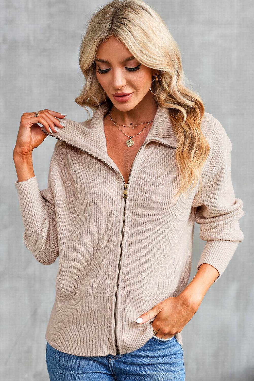 Zip-Up Collared Cardigan Cream for a perfect OOTD – dress to impress outfits from Amexza