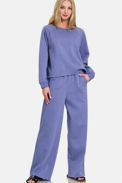 Zenana Round Neck Raglan Sleeve Top and Elastic Waist Pants Set Marlin for a perfect OOTD – dress to impress outfits from Amexza