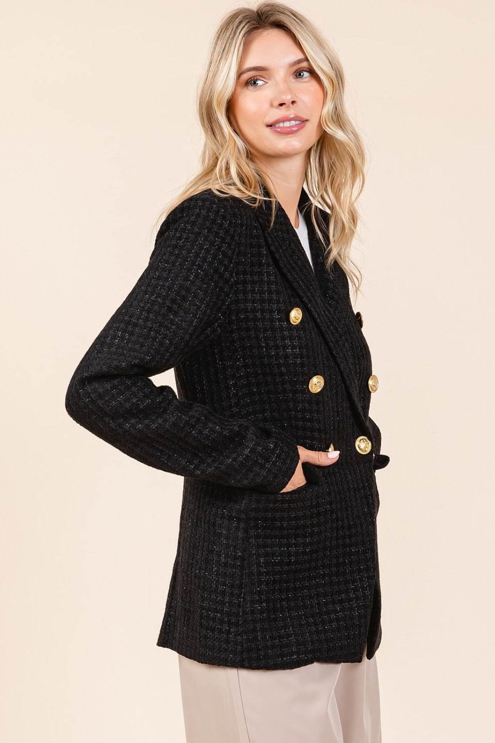 Mittoshop Plaid Texture Double-Breasted Long Sleeve Blazer for a perfect OOTD – dress to impress outfits from Amexza