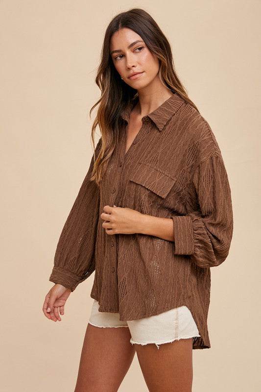 Annie Wear Openwork Button Down Drop Shoulder Shirt for a perfect OOTD – dress to impress outfits from Amexza