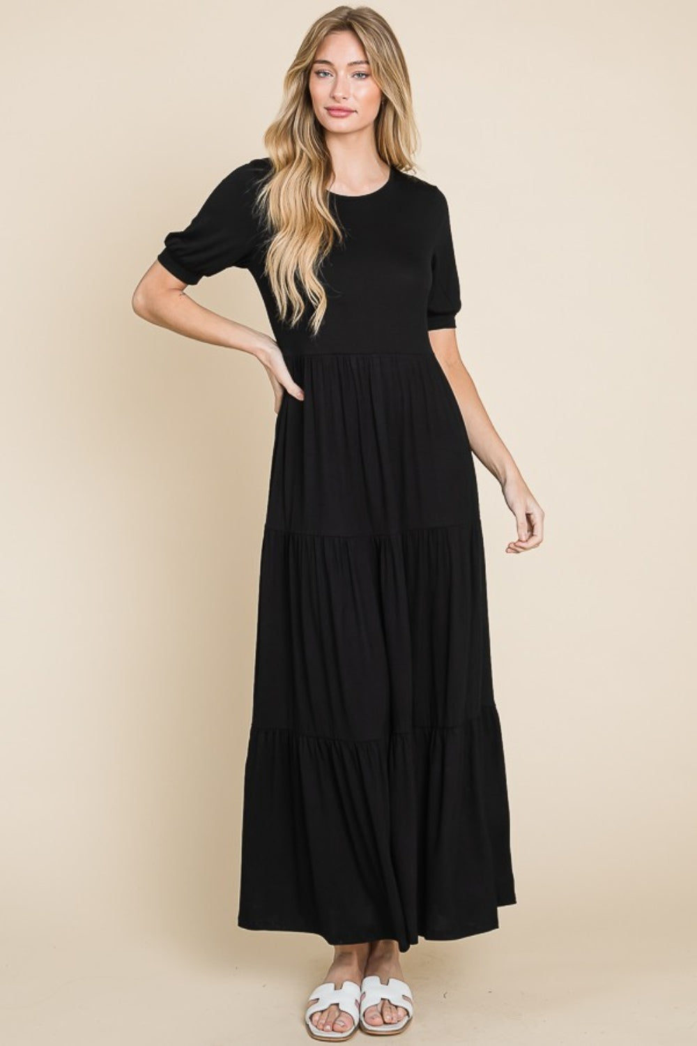 BOMBOM Short Sleeve Tiered Maxi Dress - Black / S