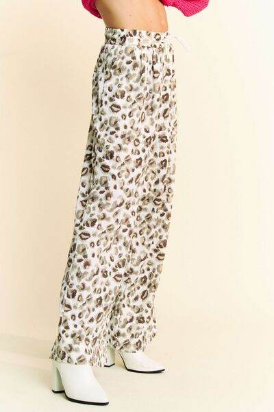 Davi & Dani Drawstring Leopard Wide Leg Pants - Amexza