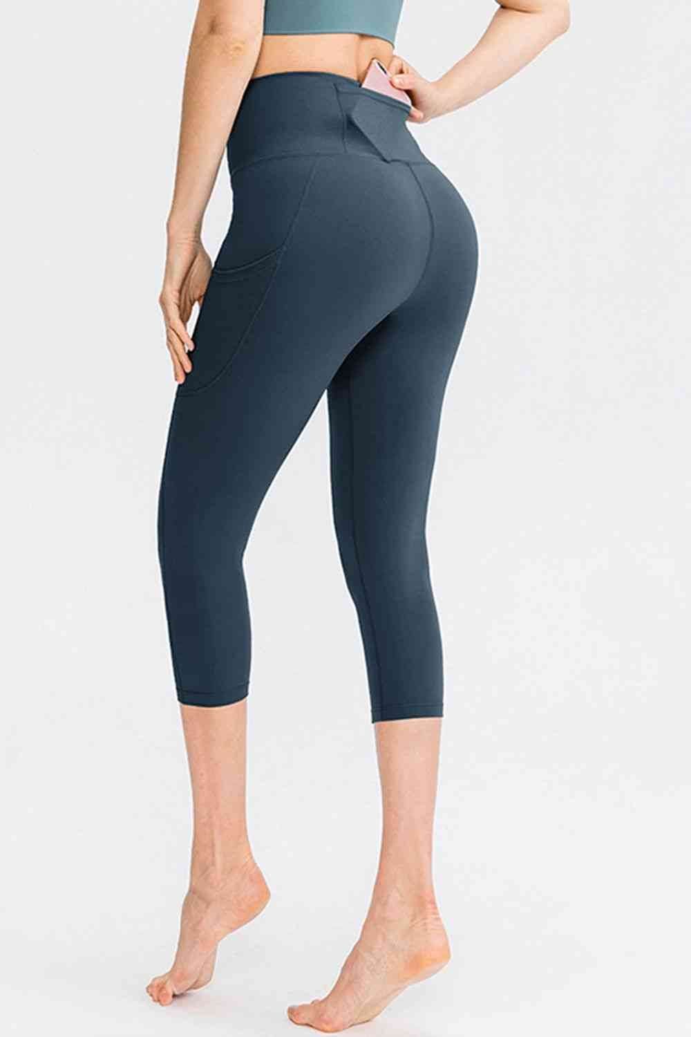 Wide Waistband Cropped Active Leggings with Pockets - Amexza