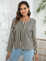 Striped Long Sleeve Notched Blouse - Amexza