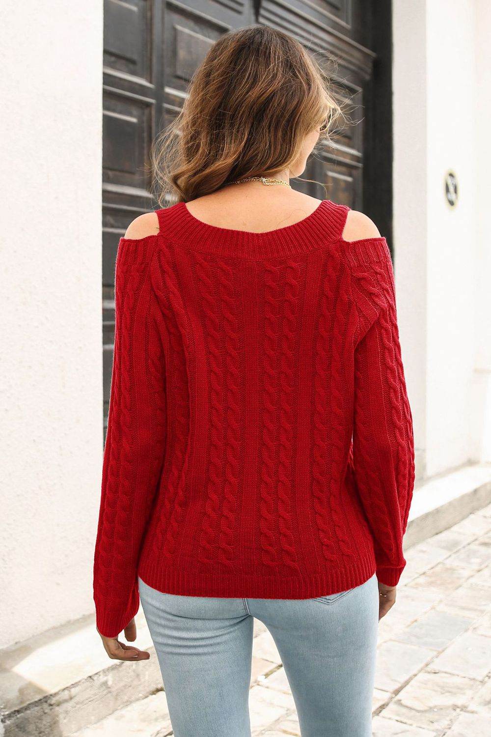 Cold Shoulder V-Neck Cable-Knit Pullover Sweater - Amexza