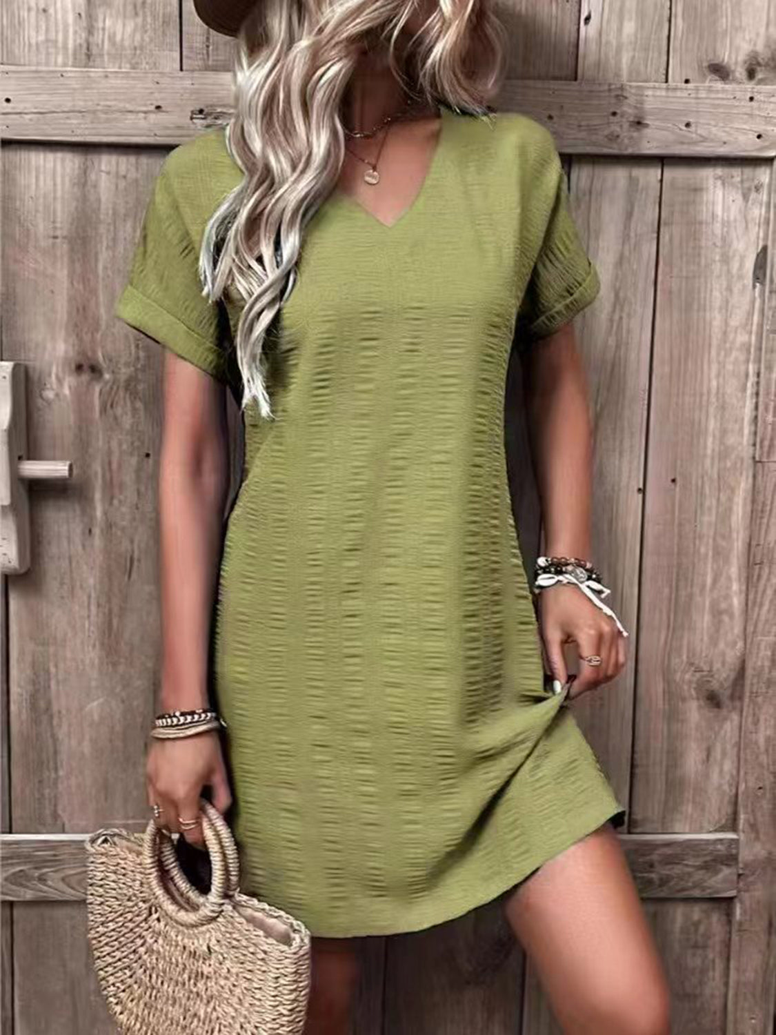 Full Size V-Neck Short Sleeve Mini Dress - Yellow-Green / S