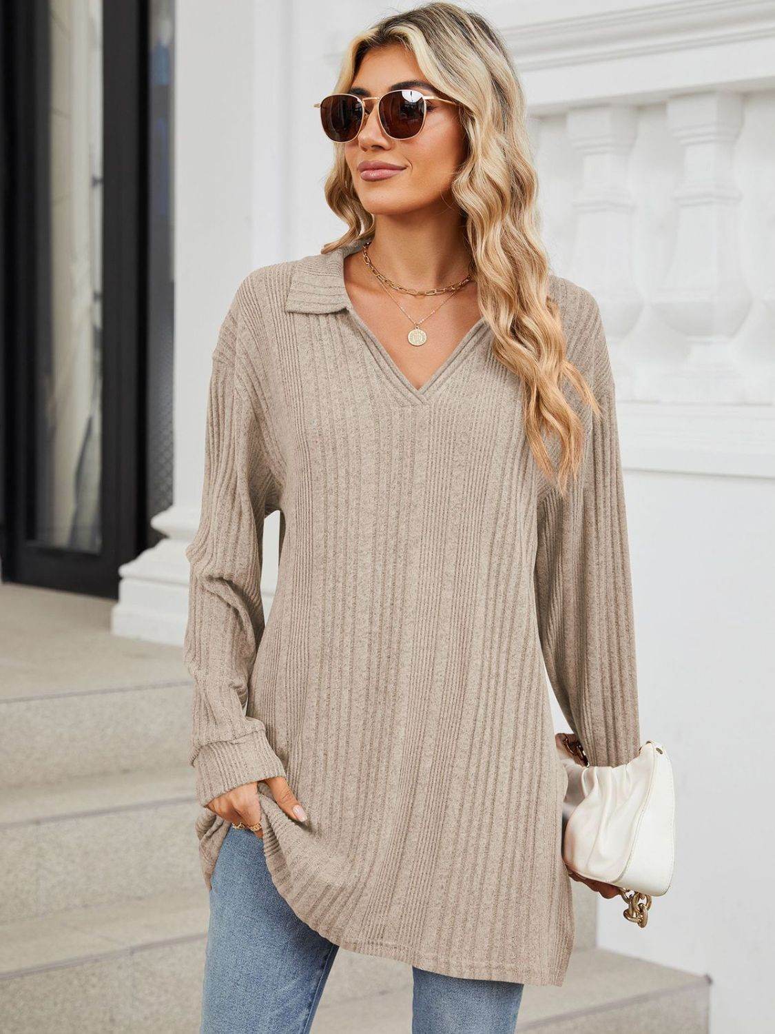 Slit Johnny Collar Long Sleeve T-Shirt Dust Storm for a perfect OOTD – dress to impress outfits from Amexza