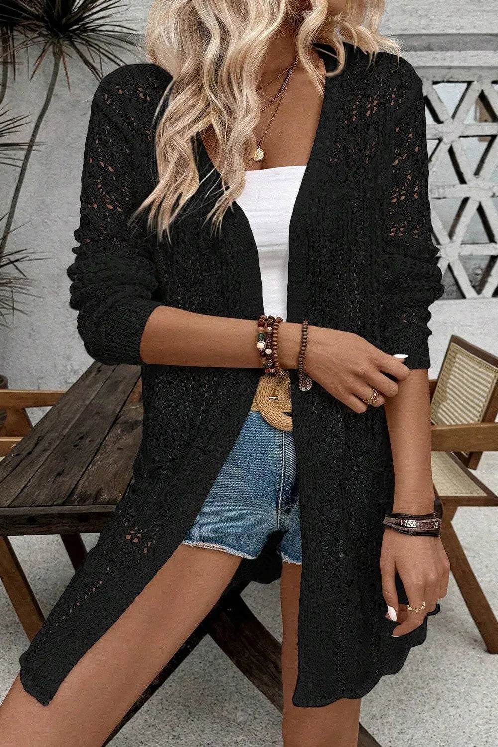 Openwork Open Front Long Sleeve Cardigan Black for a perfect OOTD – dress to impress outfits from Amexza