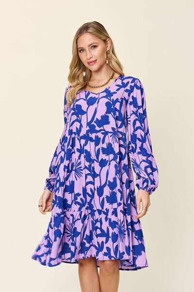 Double Take Full Size Printed Ruffle Hem Dress with Pocket Lavender for a perfect OOTD – dress to impress outfits from Amexza