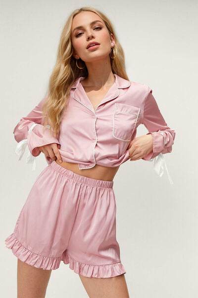 Basic Bae Tied Cuff Collared Neck Top and Frill Shorts Lounge Set - Amexza