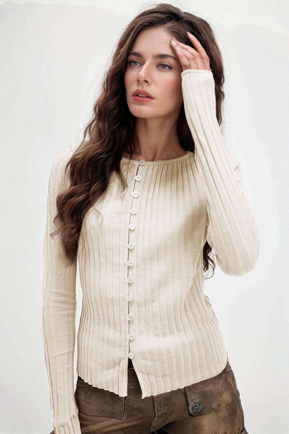 Basic Bae Texture Button Up Round Neck Long Sleeve Top Beige for a perfect OOTD – dress to impress outfits from Amexza