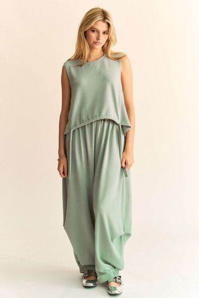 Davi & Dani Drawstring Hem Round Neck Tank and Pants Set Light Green for a perfect OOTD – dress to impress outfits from Amexza