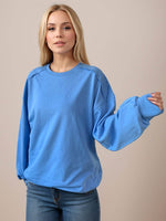 Exposed Seam Round Neck Long Sleeve Sweatshirt Blue for a perfect OOTD – dress to impress outfits from Amexza