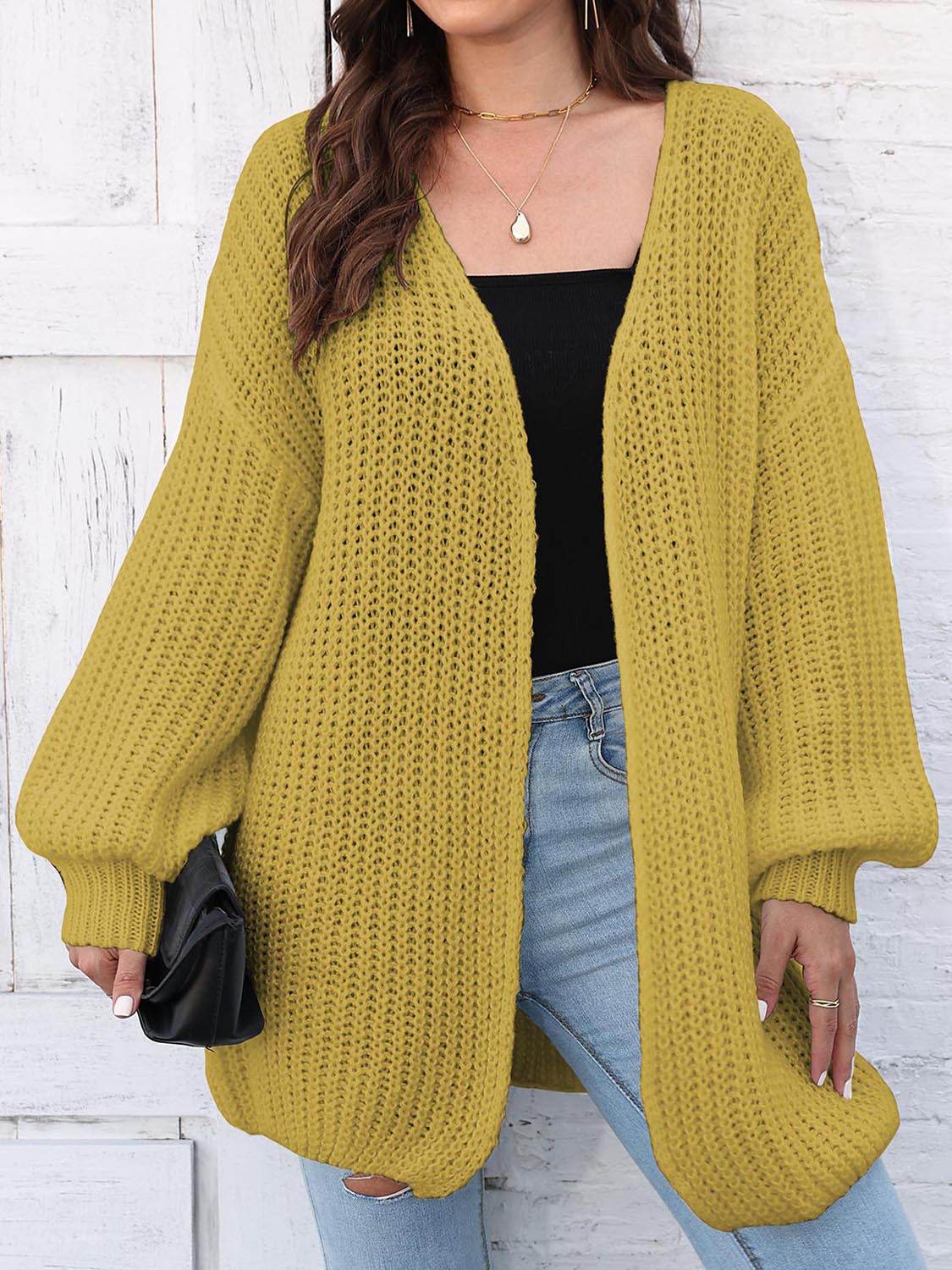 Open Front Dropped Shoulder Longline Cardigan Chartreuse One Size for a perfect OOTD – dress to impress outfits from Amexza