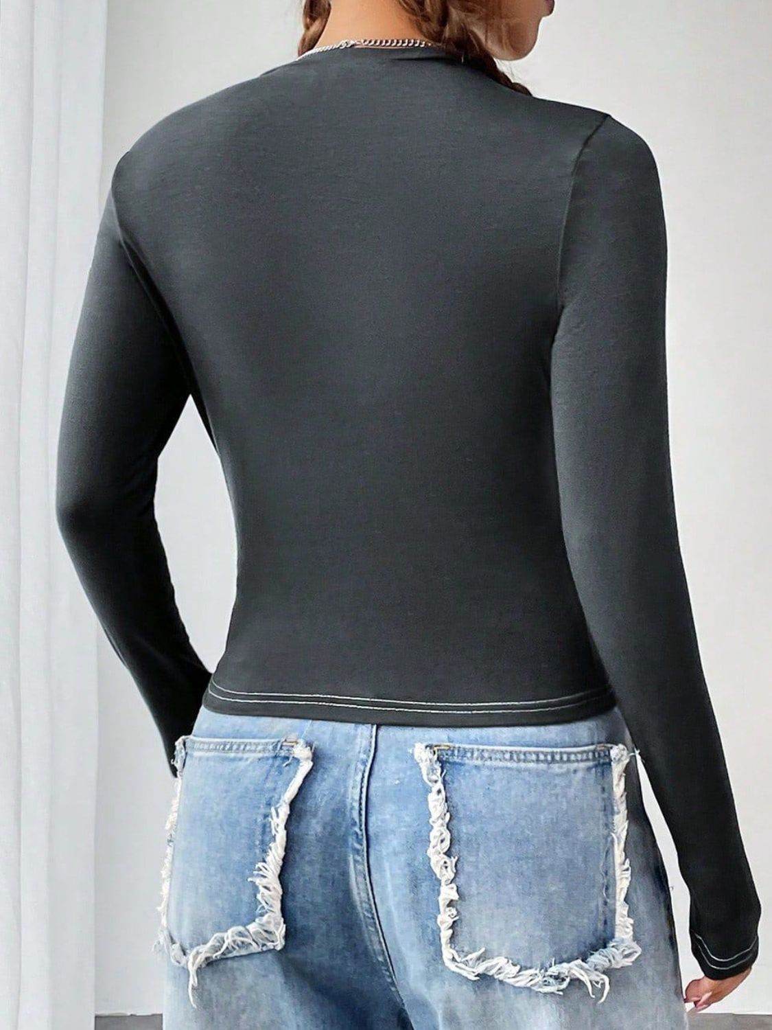 Letter Graphic Round Neck Long Sleeve T-Shirt - Amexza